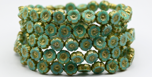Table Cut Round Beads Hawaii Flowers, Turquoise Gold Splash (63130-86720), Glass, Czech Republic ~ STRANDED
