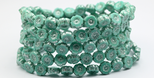 Table Cut Round Beads Hawaii Flowers, Turquoise Silver Splash (63130-86700), Glass, Czech Republic ~ STRANDED