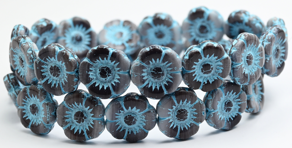 Round Flat Flower Pressed Glass Beads, 15014 Light Blue Lined (18-15014-54308), Glass, Czech Republic ~ STRANDED