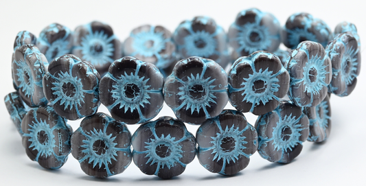 Round Flat Flower Pressed Glass Beads, 15014 Light Blue Lined (18-15014-54308), Glass, Czech Republic ~ STRANDED
