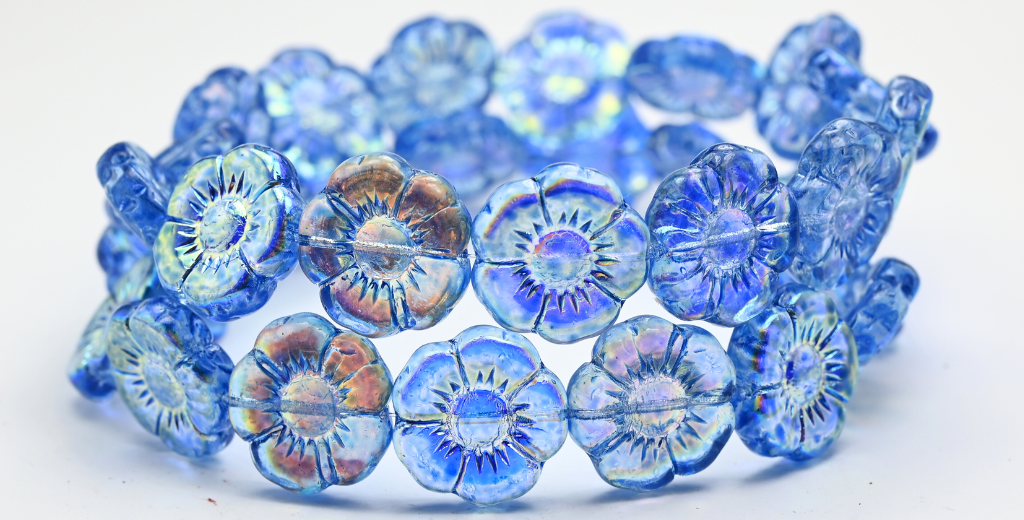 Round Flat Flower Pressed Glass Beads, Crystal Light Blue Ab (18-00030-34307-AB), Glass, Czech Republic ~ STRANDED