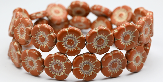 Round Flat Flower Pressed Glass Beads, Opaque Brown Beige Lined (13600-54311), Glass, Czech Republic ~ STRANDED