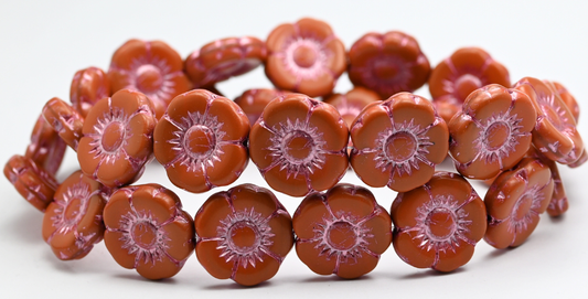 Round Flat Flower Pressed Glass Beads, Opaque Brown Pink Lined (13600-54321), Glass, Czech Republic ~ STRANDED