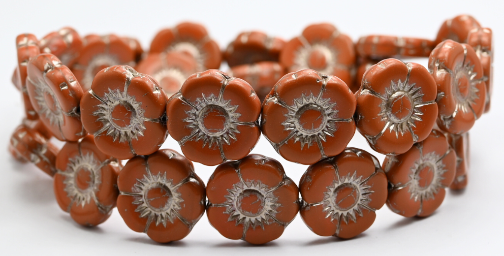 Round Flat Flower Pressed Glass Beads, Opaque Brown Copper Lined (18-13600-54324), Glass, Czech Republic ~ STRANDED