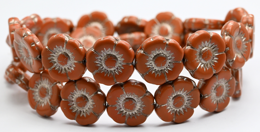 Round Flat Flower Pressed Glass Beads, Opaque Brown Copper Lined (18-13600-54324), Glass, Czech Republic ~ STRANDED