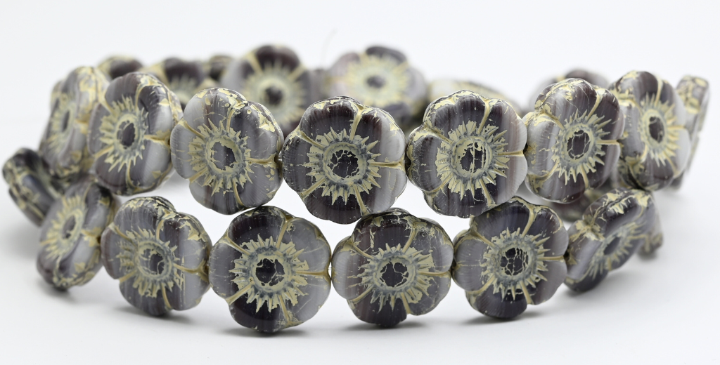 Round Flat Flower Pressed Glass Beads, 15014 Beige Lined (18-15014-54311), Glass, Czech Republic ~ STRANDED