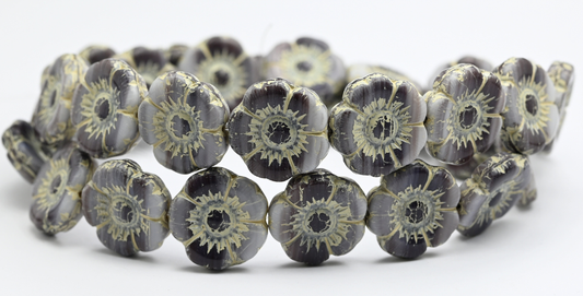 Round Flat Flower Pressed Glass Beads, 15014 Beige Lined (18-15014-54311), Glass, Czech Republic ~ STRANDED