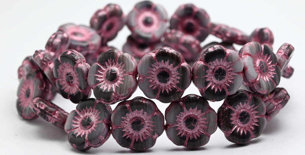 Round Flat Flower Pressed Glass Beads, 15014 Pink Lined (18-15014-54321), Glass, Czech Republic ~ STRANDED