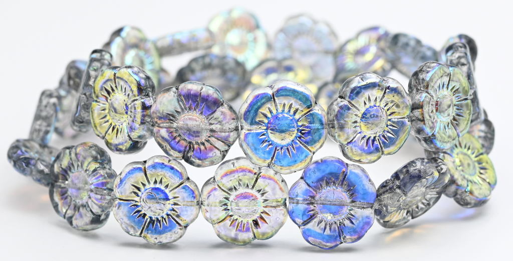 Round Flat Flower Pressed Glass Beads, Crystal Light Gray Ab (00030-34311-AB), Glass, Czech Republic ~ STRANDED
