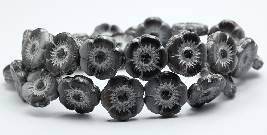 Round Flat Flower Pressed Glass Beads, 15014 Silver Lined (15014-54301), Glass, Czech Republic ~ STRANDED