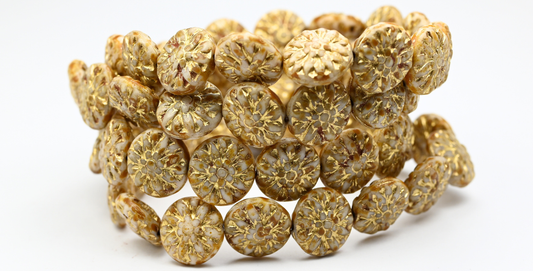 Round Flower Edelweiss Pressed Glass Beads, White Travertin Gold Lined (02010-86-54202), Glass, Czech Republic ~ STRANDED