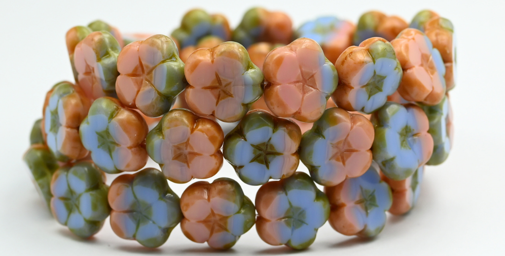 Table Cut Flower Beads, Mix Blue Pink Opaque Travertin (37724B-86800), Glass, Czech Republic ~ STRANDED
