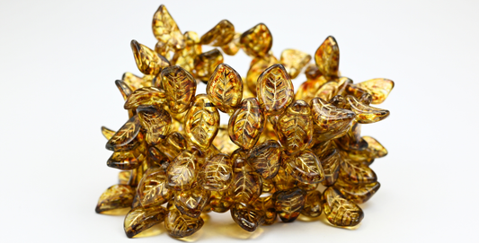 Ovate Leaf Pressed Glass Beads, Crystal Travertin Gold Lined (00030-86-54202), Glass, Czech Republic ~ STRANDED