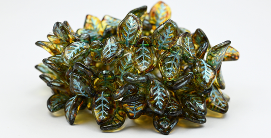 Ovate Leaf Pressed Glass Beads, Crystal Travertin Light Blue Lined (00030-86-54308), Glass, Czech Republic ~ STRANDED