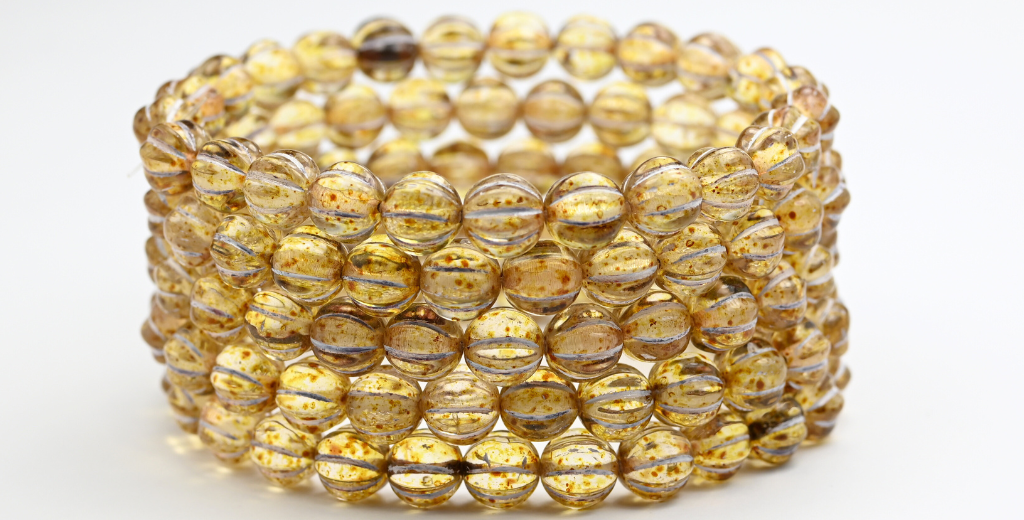 Melon Round Pressed Glass Beads With Stripes, Crystal Travertin White Lined (00030-86-46401), Glass, Czech Republic ~ STRANDED