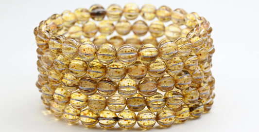 Melon Round Pressed Glass Beads With Stripes, Crystal Travertin White Lined (00030-86-46401), Glass, Czech Republic ~ STRANDED