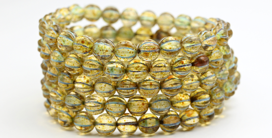 Melon Round Pressed Glass Beads With Stripes, Crystal Travertin Light Blue Lined (00030-86-54308), Glass, Czech Republic ~ STRANDED