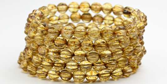 Melon Round Pressed Glass Beads With Stripes, Crystal Travertin Gold Lined (00030-86-54202), Glass, Czech Republic ~ STRANDED