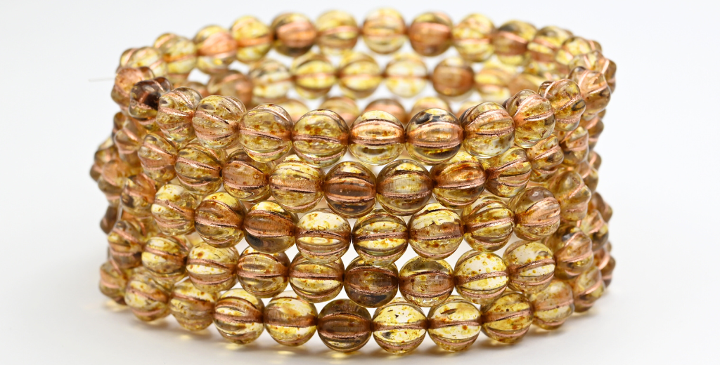 Melon Round Pressed Glass Beads With Stripes, Crystal Travertin Copper Lined (00030-86-54200), Glass, Czech Republic ~ STRANDED