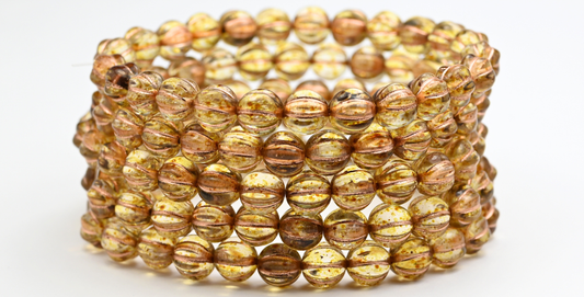 Melon Round Pressed Glass Beads With Stripes, Crystal Travertin Copper Lined (00030-86-54200), Glass, Czech Republic ~ STRANDED