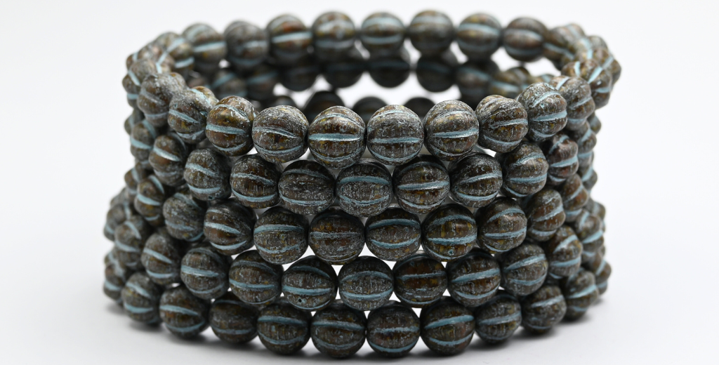 Melon Round Pressed Glass Beads With Stripes, Opaque Brown Travertin Blue Lined (13600-86-54323), Glass, Czech Republic ~ STRANDED