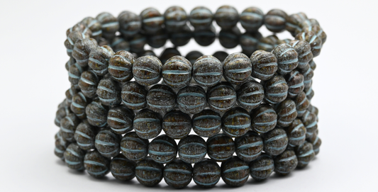 Melon Round Pressed Glass Beads With Stripes, Opaque Brown Travertin Blue Lined (13600-86-54323), Glass, Czech Republic ~ STRANDED