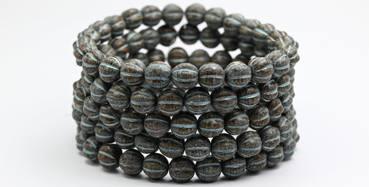 Melon Round Pressed Glass Beads With Stripes, Opaque Brown Travertin Light Blue Lined (13600-86-54308), Glass, Czech Republic ~ STRANDED