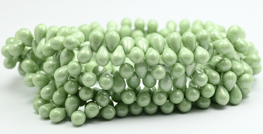 Pear Teardrop Pressed Glass Beads, White Luster Green Full Coated (02010-14457), Glass, Czech Republic ~ STRANDED