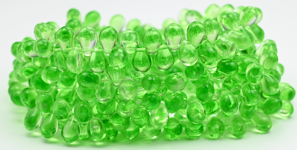 Pear Teardrop Pressed Glass Beads, Transparent Green (50010), Glass, Czech Republic ~ STRANDED