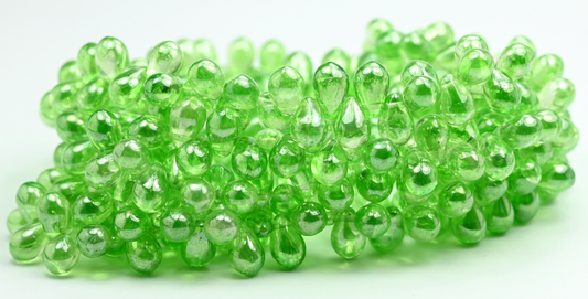 Pear Teardrop Pressed Glass Beads, Transparent Green Hematite (50010-14400), Glass, Czech Republic ~ STRANDED