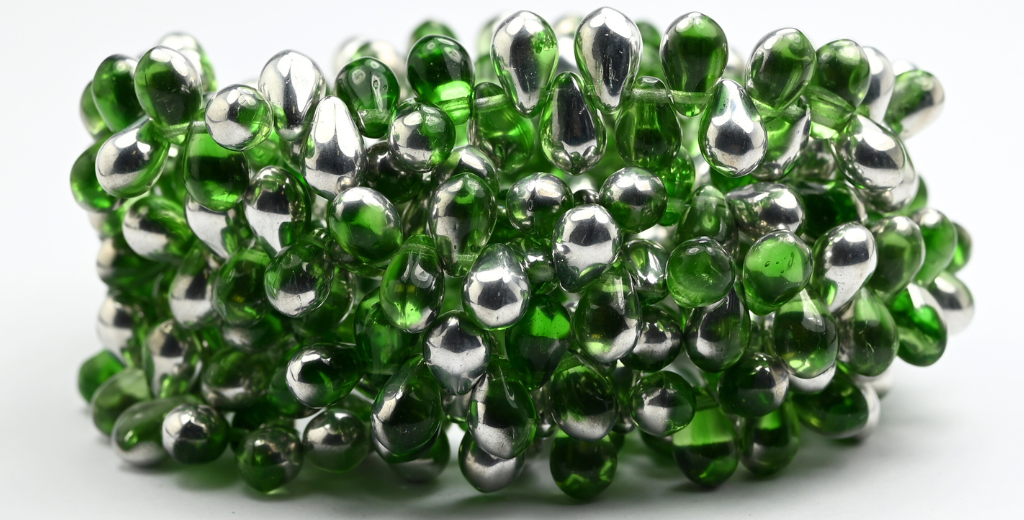 Pear Teardrop Pressed Glass Beads, Transparent Green Crystal Silver Half Coating (50010-27001), Glass, Czech Republic ~ STRANDED