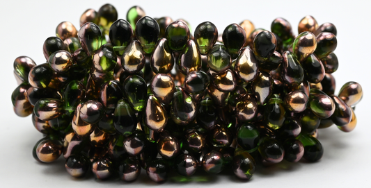 Pear Teardrop Pressed Glass Beads, Transparent Green Rose Gold Capri (50010-27101), Glass, Czech Republic ~ STRANDED
