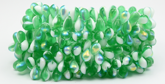 Pear Teardrop Pressed Glass Beads, Transparent Green Emerald Ab (507002010-AB), Glass, Czech Republic ~ STRANDED