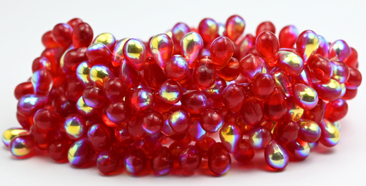 Pear Teardrop Pressed Glass Beads, Light Siam Ab (90070-AB), Glass, Czech Republic ~ STRANDED