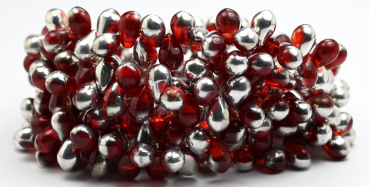 Pear Teardrop Pressed Glass Beads, Light Siam Crystal Silver Half Coating (90070-27001), Glass, Czech Republic ~ STRANDED