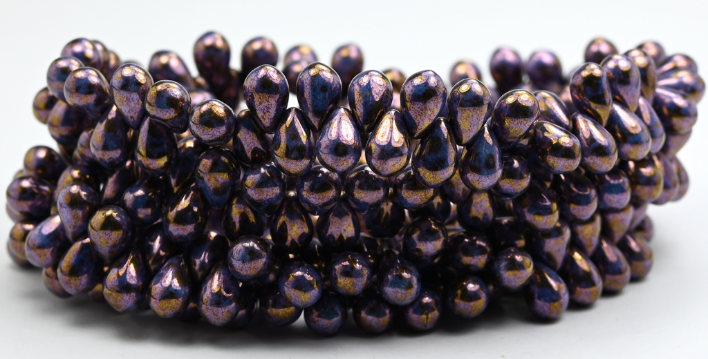 ペアティアドロッププレスガラスビーズ、ホワイトトラバーチンラスターリラ（02010-86-14494）、ガラス、チェコ共和国〜STRANDED