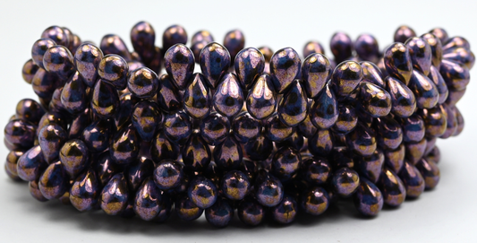 Pear Teardrop Pressed Glass Beads, White Travertin Luster Lila (02010-86-14494), Glass, Czech Republic ~ STRANDED