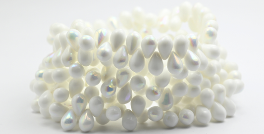 梨形水滴压制玻璃珠，白色 AB (02010-AB)，玻璃，捷克共和国 ~ 串珠