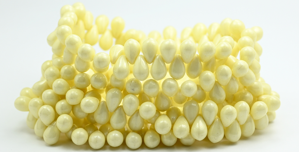 梨形水滴压制玻璃珠，白色光泽黄色全涂层（02010-14483），玻璃，捷克共和国 ~ 串珠