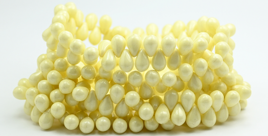 梨形水滴压制玻璃珠，白色光泽黄色全涂层（02010-14483），玻璃，捷克共和国 ~ 串珠