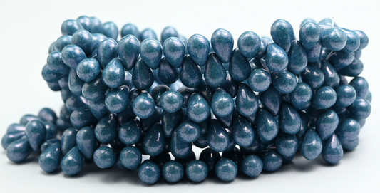Pear Teardrop Pressed Glass Beads, White Luster Blue Full Coated (02010-14464), Glass, Czech Republic ~ STRANDED