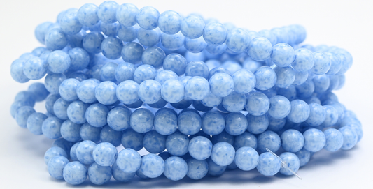 Round Pressed Glass Beads Druck, White Light Blue (02010-34307), Glass, Czech Republic ~ STRANDED