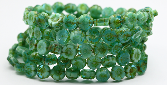 テーブルカットラウンドビーズハワイアンフラワー、透明アクアターコイズトラバーチン（60020-63130-86800）、ガラス、チェコ共和国～STRANDED