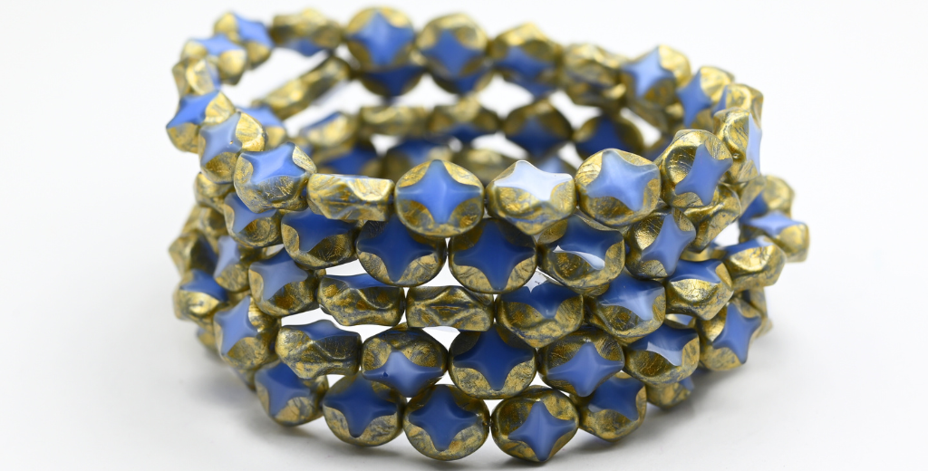 テーブルカットオーバルビーズ、ブルー、レインボーメッキゴールドスプラッシュ（34020-86720）、ガラス、チェコ共和国～STRANDED