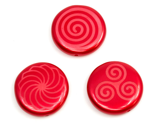硬币圆形扁平 28 毫米珠子，红色带装饰，玻璃，捷克共和国
