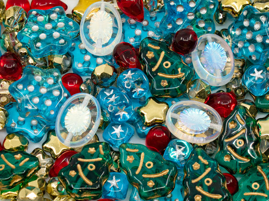 Christmas Czech Glass Bead Mix 2025 with trees, teardrops, snowflakes and faceted beads, XMAS 2025