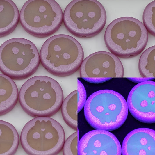 OUTLET 5 grams Coin Beads, 14 x 14 mm, Opal + Pink Fresca Skull (8100-pink-FRESCA-skull), Glass, Czech Republic