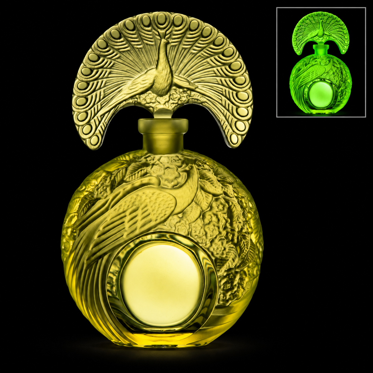 孔雀香水瓶 – 铀艺术玻璃，捷克共和国，奥特莱斯（特价品）