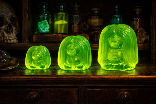 Uranium Glass TROLL Statuette – Handmade UV-Reactive Art Figurines, Czech Republic