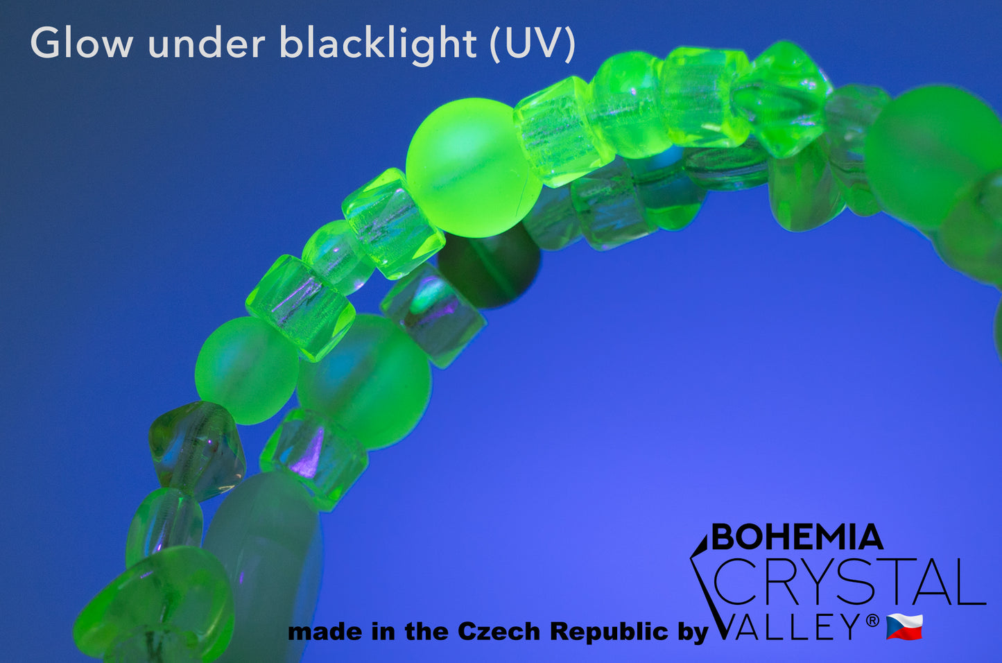 GLOW-unter-Schwarzlicht-Kristall-Glasperlen-Mix, verschiedene Größen und Farben, Uran, tschechischer Vintage-Glasperlen-Mix